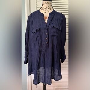 Cocomo Blue Blouse with Mandarin Collar and 3/4 Sleeves